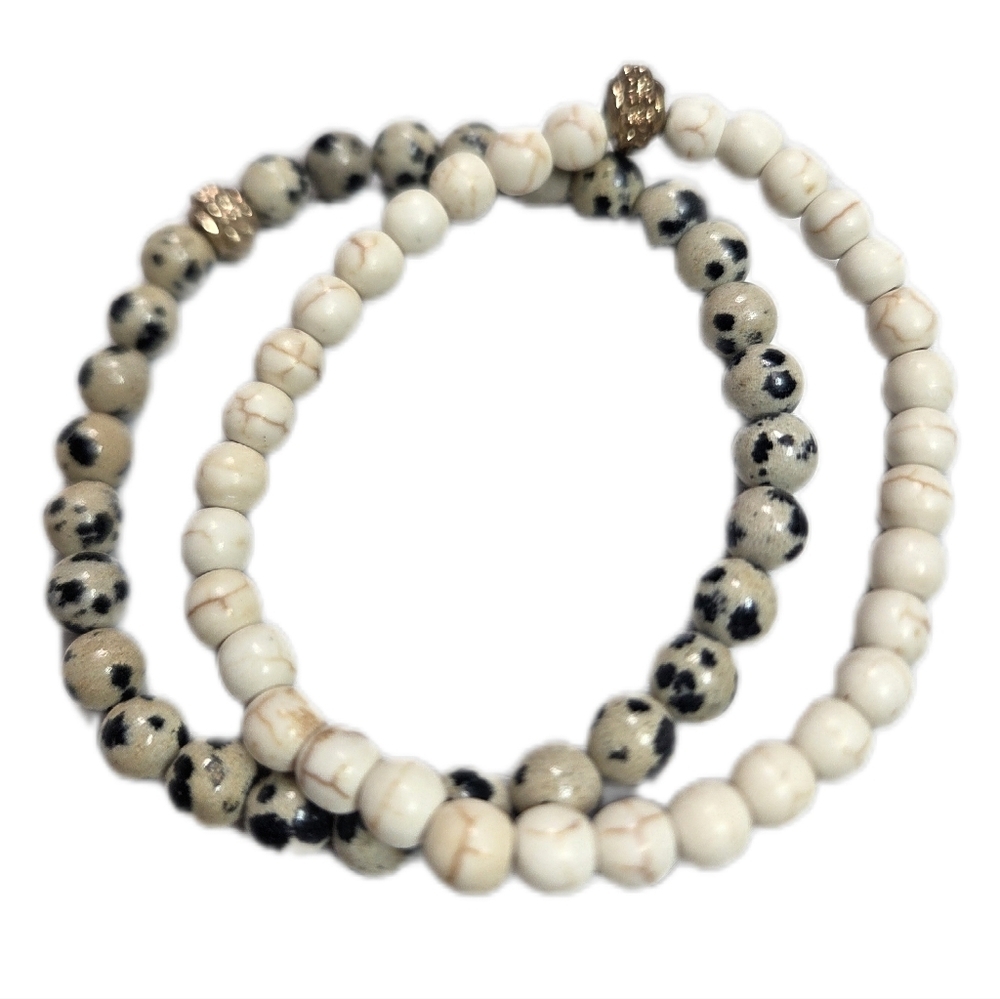 White and Cream Beaded Stretch Bracelet Set Boho Earthy Tones
